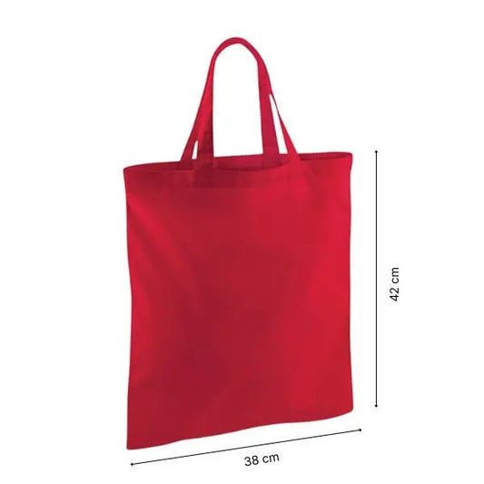 Rød bomulds mulepose med korte hanke og logotryk, 140 g/m², 38 x 42 cm