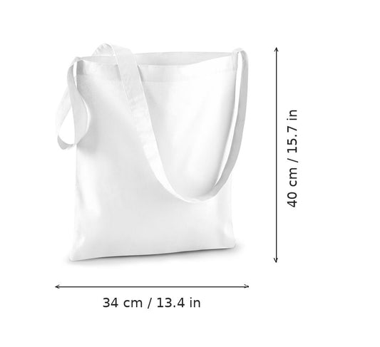 Bolsa de algodón con bandolera blanca y estampado personalizado, 140 g/m², 34 × 40 cm, con medidas de ancho y alto
