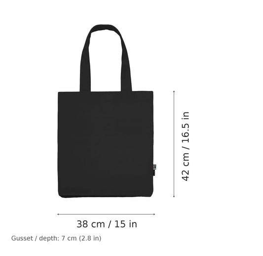 Shopper in twill di cotone biologico nera con stampa personalizzata, 210 g/m², 38 × 42 cm con soffietto da 7 cm, con misure di larghezza e altezza