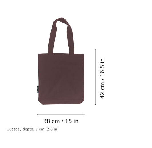 Shopper in twill di cotone biologico marrone con stampa personalizzata, 210 g/m², 38 × 42 cm con soffietto da 7 cm, con misure di larghezza e altezza