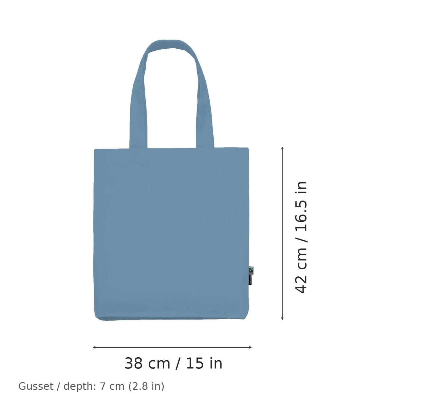 Utuisen indigonsininen luomu-twill-kangaskassi omalla painatuksella, 210 g/m², 38 × 42 cm ja 7 cm:n levike, mittakuvassa leveys ja korkeus