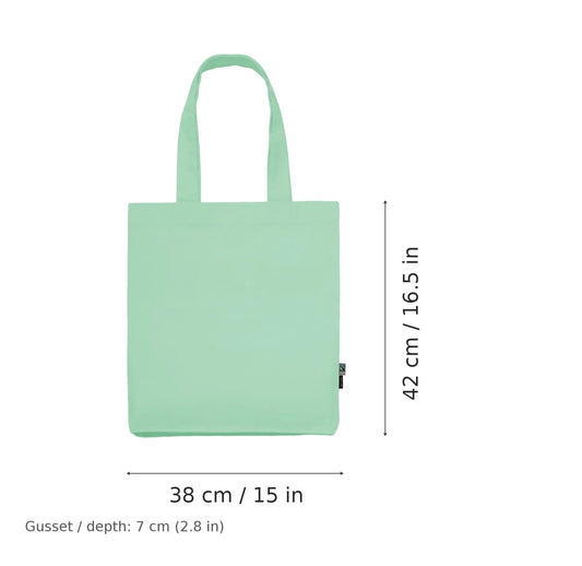 Shopper in twill di cotone biologico verde menta polvere con stampa personalizzata, 210 g/m², 38 × 42 cm con soffietto da 7 cm, con misure di larghezza e altezza