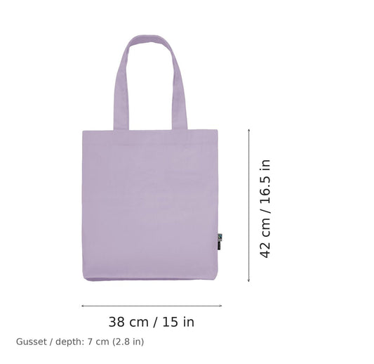 Shopper in twill di cotone biologico viola polvere con stampa personalizzata, 210 g/m², 38 × 42 cm con soffietto da 7 cm, con misure di larghezza e altezza