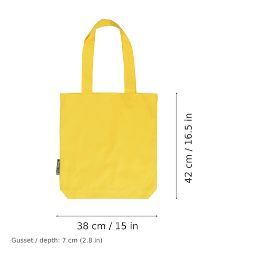 Shopper in twill di cotone biologico gialla con stampa personalizzata, 210 g/m², 38 × 42 cm con soffietto da 7 cm, con misure di larghezza e altezza