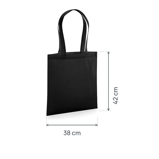 Bolsa de tela de algodón orgánico premium negra certificada GOTS, 200 g/m², 38 × 42 cm, con las medidas de alto y ancho