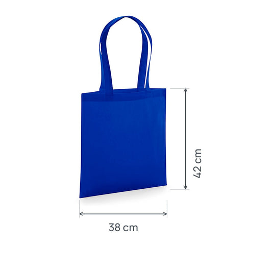 Bolsa de tela de algodón orgánico premium azul royal certificada GOTS, 200 g/m², 38 × 42 cm, con las medidas de alto y ancho