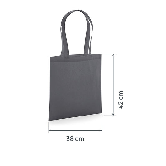 Bolsa de tela de algodón orgánico premium gris grafito certificada GOTS, 200 g/m², 38 × 42 cm, con las medidas de alto y ancho