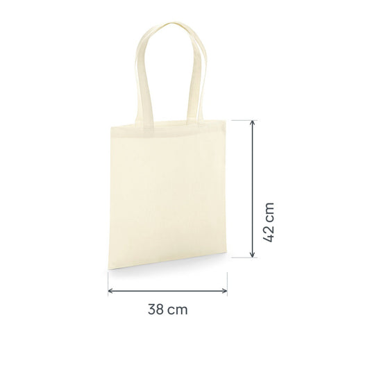Bolsa de tela de algodón orgánico premium natural certificada GOTS, 200 g/m², 38 × 42 cm, con las medidas de alto y ancho