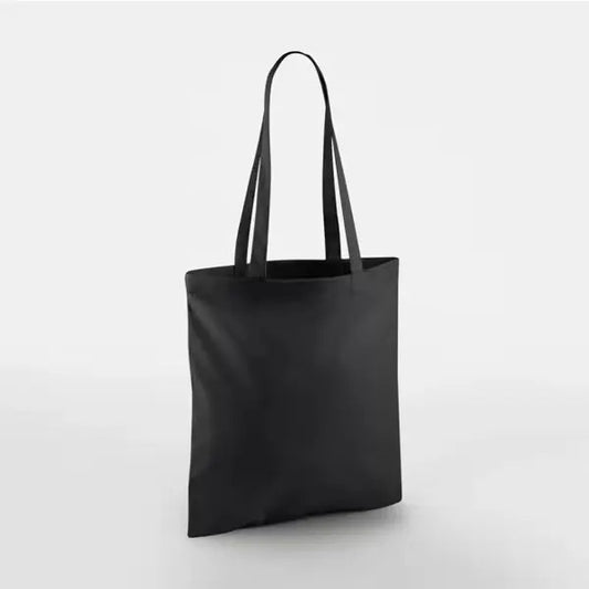 Black classic cotton tote bag with long handles and custom logo print, 140 g/m², 38 × 42 cm