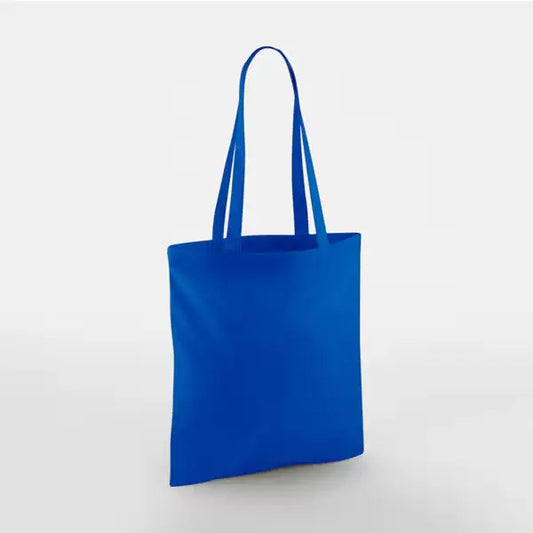 Bright royal blue classic cotton tote bag with long handles and custom logo print, 140 g/m², 38 × 42 cm