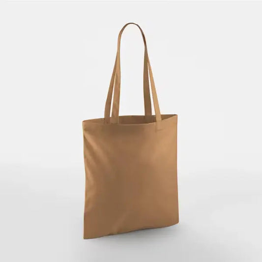 Caramel brown classic cotton tote bag with long handles and custom logo print, 140 g/m², 38 × 42 cm
