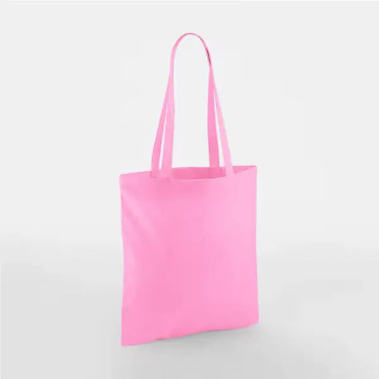 Classic pink cotton tote bag with long handles and custom logo print, 140 g/m², 38 × 42 cm