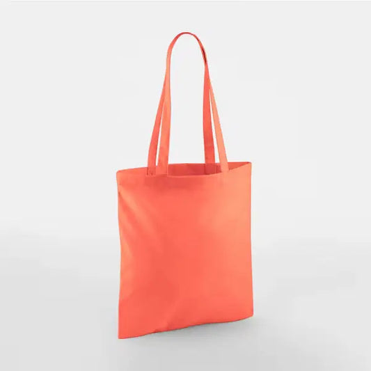 Coral orange classic cotton tote bag with long handles and custom logo print, 140 g/m², 38 × 42 cm