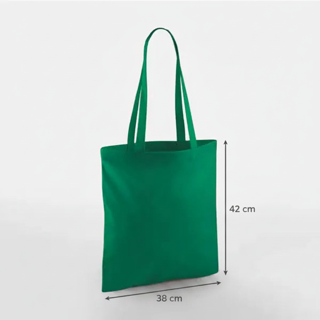 Kelly-grøn mulepose, 38 × 42 cm, 140 g/m² bomuld med lange hanke – alternativt produktfoto