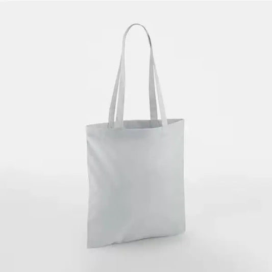 Light grey classic cotton tote bag with long handles and custom logo print, 140 g/m², 38 × 42 cm