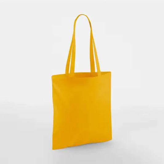 Mustard yellow classic cotton tote bag with long handles and custom logo print, 140 g/m², 38 × 42 cm