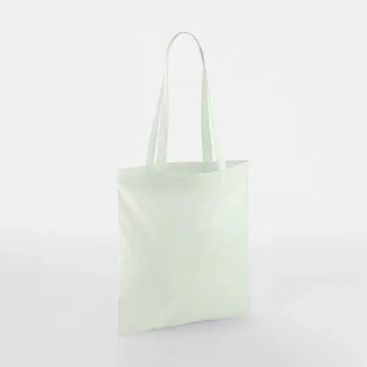 Pastel mint green classic cotton tote bag with long handles and custom logo print, 140 g/m², 38 × 42 cm