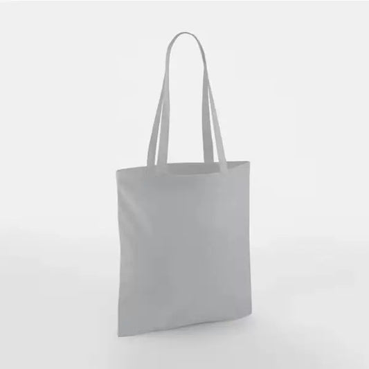 Pure grey classic cotton tote bag with long handles and custom logo print, 140 g/m², 38 × 42 cm