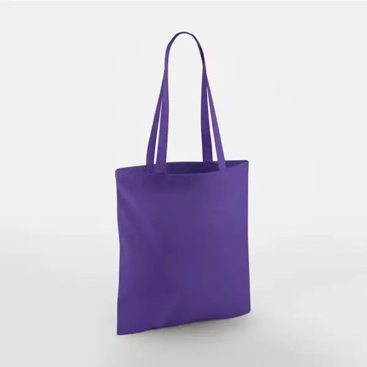 Purple classic cotton tote bag with long handles and custom logo print, 140 g/m², 38 × 42 cm