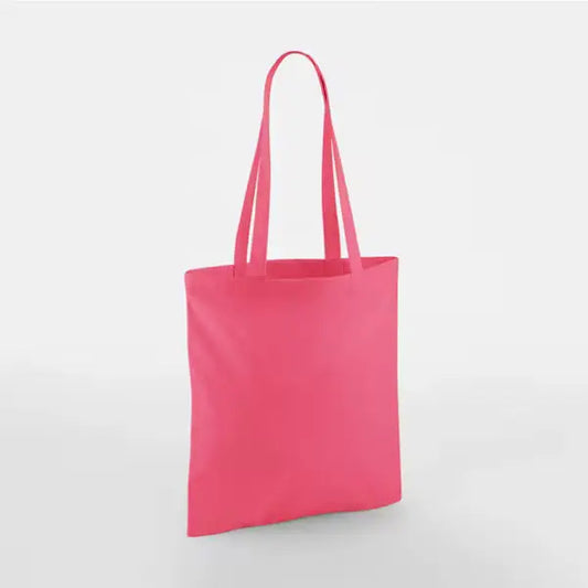 Raspberry pink classic cotton tote bag with long handles and custom logo print, 140 g/m², 38 × 42 cm
