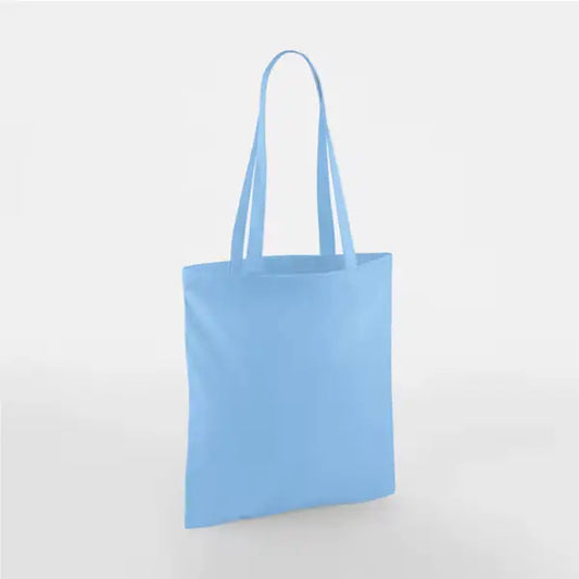 Sky blue classic cotton tote bag with long handles and custom logo print, 140 g/m², 38 × 42 cm