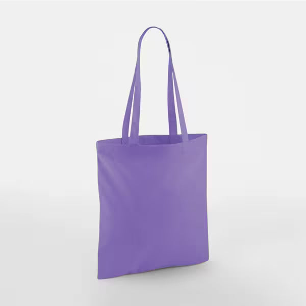 Violet lilla bomuldsmuleposer med eget tryk, lange hanke, 140 g/m²