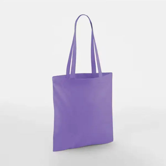Violet purple classic cotton tote bag with long handles and custom logo print, 140 g/m², 38 × 42 cm