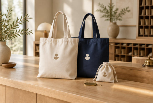 Natural and navy cotton tote bags with a simple printed logo and a small drawstring pouch on a hotel reception desk