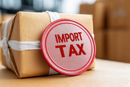 Parcel marked with an import tax stamp, representing customs duty on cross-border bag orders