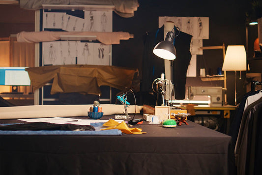 Small textile atelier workbench with sewing tools and patterns, used for micro-batch production runs