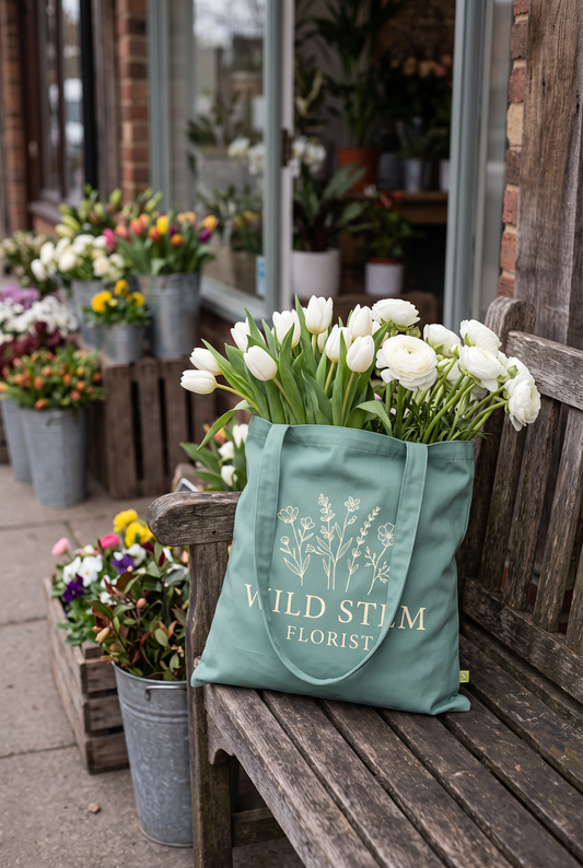 Sage green tote bag with a florist logo holding white tulips outside a flower shop