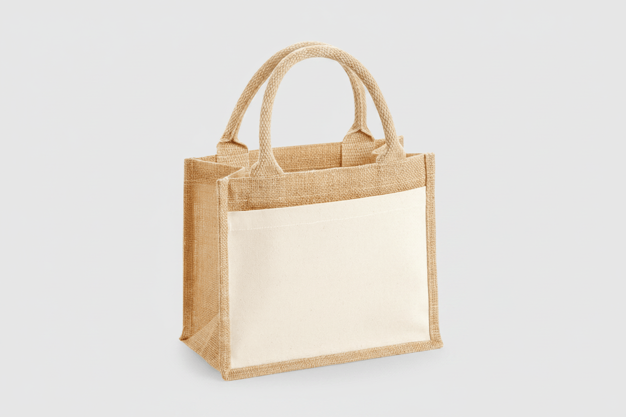Natural Cotton Pocket Jute Bags with custom logo print, three sizes: Gift Bag, Midi Tote, and Shopper