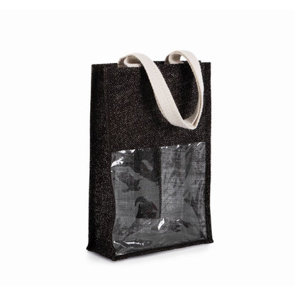 Black- Silver Jute Wine Bag for two bottles with Logo Print 330 gm2 with white handles
