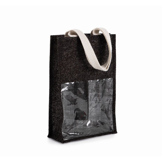 Black- Silver Jute Wine Bag for two bottles with Logo Print 330 gm2 with white handles
