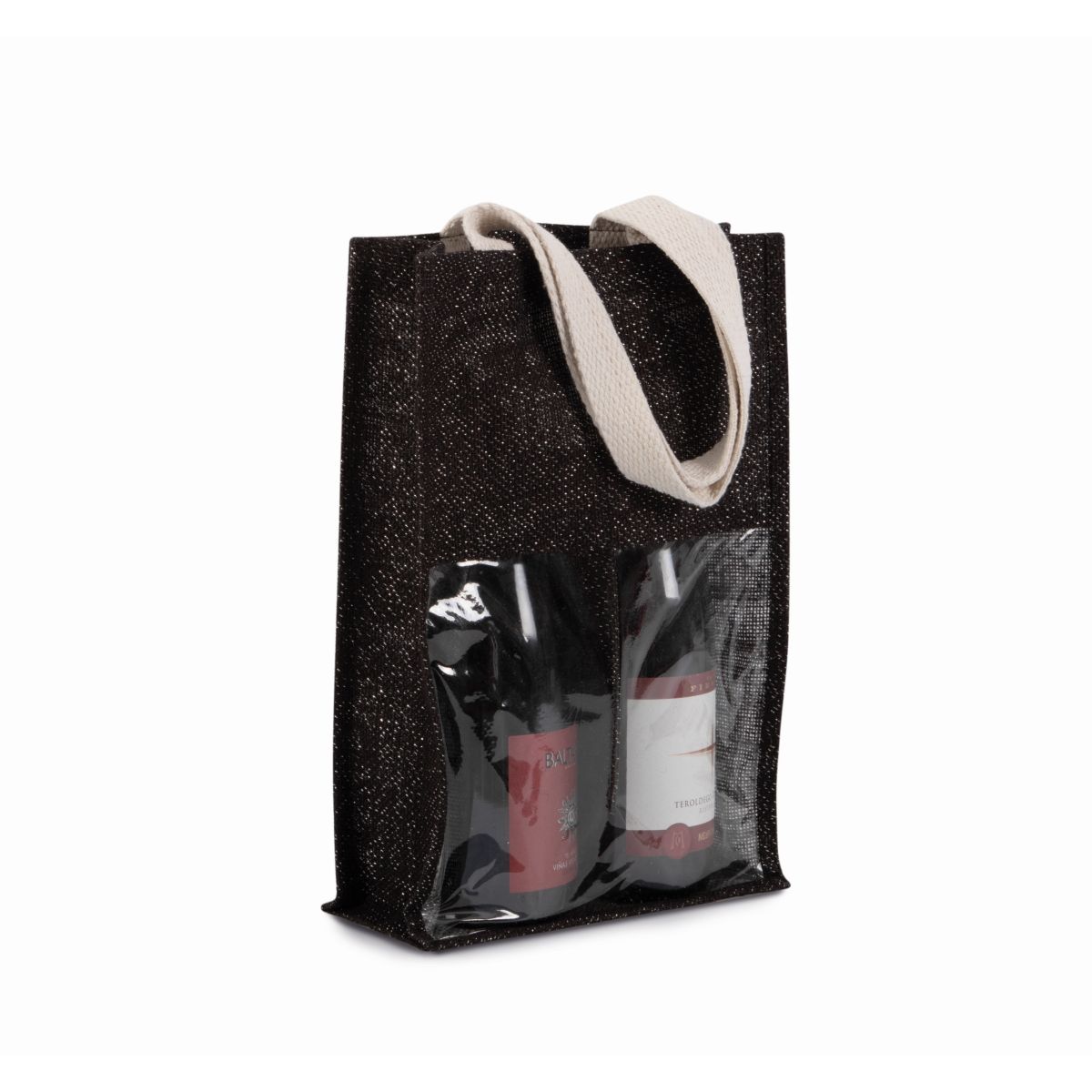 Black- Silver Jute Wine Bag for two bottles with Logo Print 330 gm2 