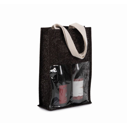 Black- Silver Jute Wine Bag for two bottles with Logo Print 330 gm2 