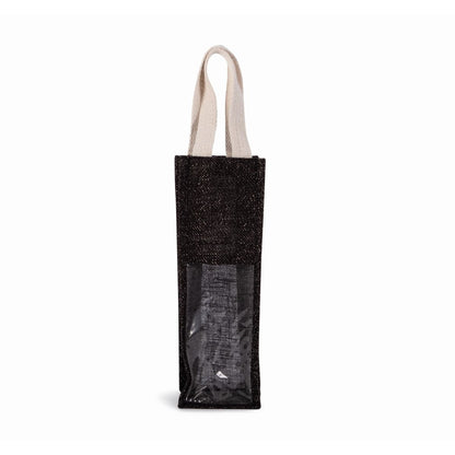 Sac à vin en jute noir/argent avec impression logo (330 g/m², 12×10×36 cm)