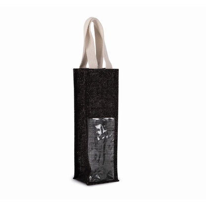 Sac à vin en jute noir/argent avec impression logo (330 g/m², 12×10×36 cm)