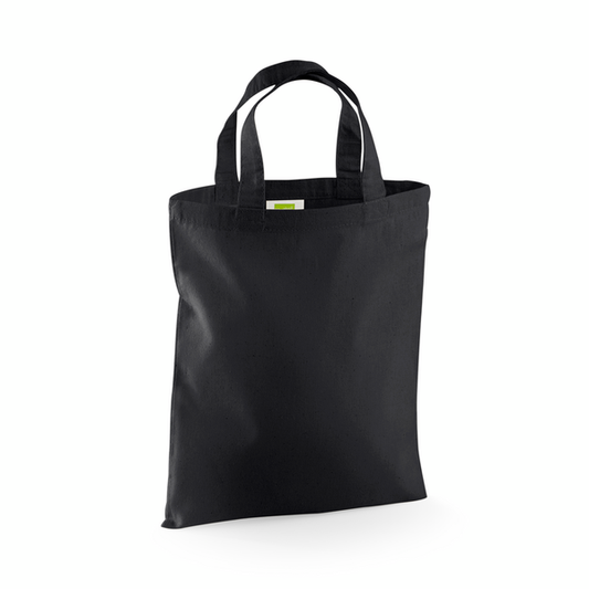 Black mini cotton tote bag with custom logo print, 140 g/m², 26 × 32.5 cm