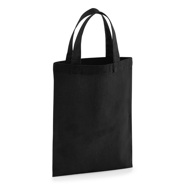 Black tiny cotton bag with custom logo print, 140 g/m², 19 × 25 cm