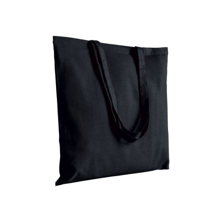 Black cotton tote bag with long handles and custom logo print, 200 g/m², 38 × 42 cm