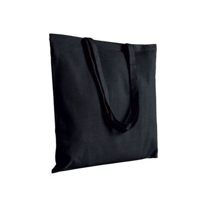Black cotton tote bag with long handles and custom logo print, 200 g/m², 38 × 42 cm