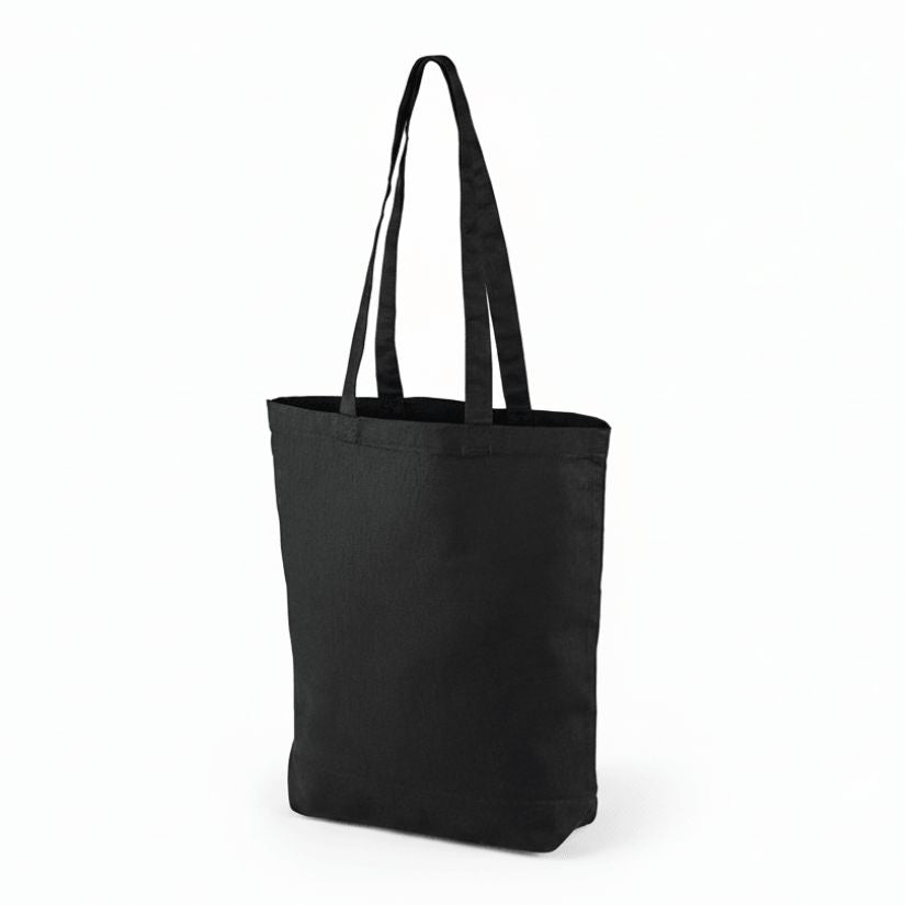 Bolsa de tela negra con estampado personalizado (220 gm², 38×42 cm, con fuelle inferior)