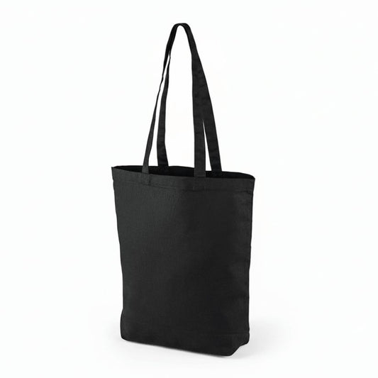 Bolsa de tela negra con estampado personalizado (220 gm², 38×42 cm, con fuelle inferior)