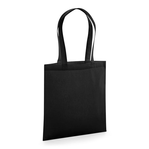 Svart GOTS-certifierad ekologisk premium tygkasse med långa handtag och eget logotyptryck, 200 g/m², 38 × 42 cm