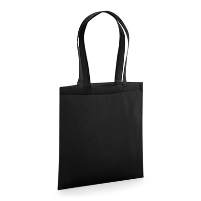 Svart GOTS-certifierad ekologisk premium tygkasse med långa handtag och eget logotyptryck, 200 g/m², 38 × 42 cm