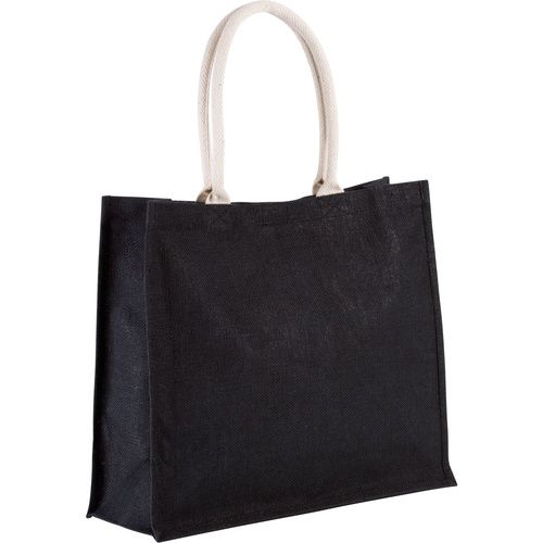 Black jute beach bag with custom print, 42 × 35 cm, 330 g/m², cotton handles