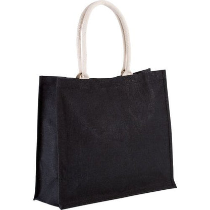 Black jute beach bag with custom print, 42 × 35 cm, 330 g/m², cotton handles