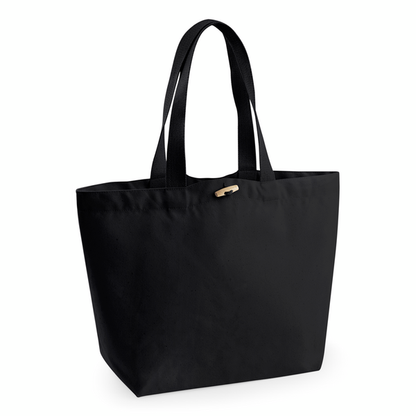 Borsa in tela di cotone biologico Marina Nero con alamaro in legno, 340 g/m², per la stampa del tuo logo