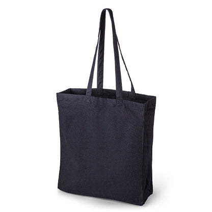 Black cotton tote bag with side and bottom gussets, 220 g/m², custom print - front view